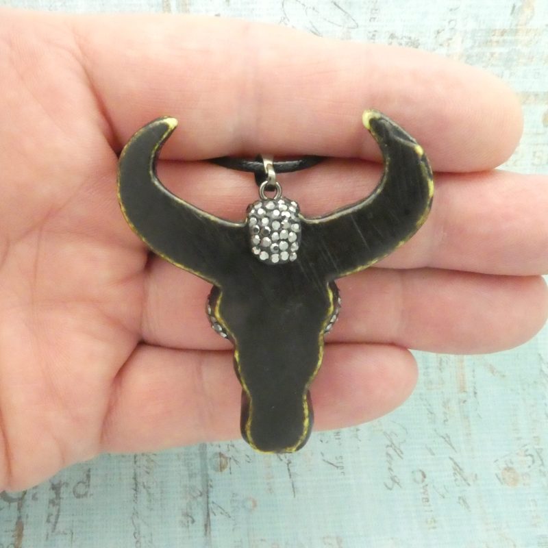 1 Cow Skull Pendant with Marcasite and Oval Opaque Crystal on Black Cord by TIJC SP1872 - Image 2