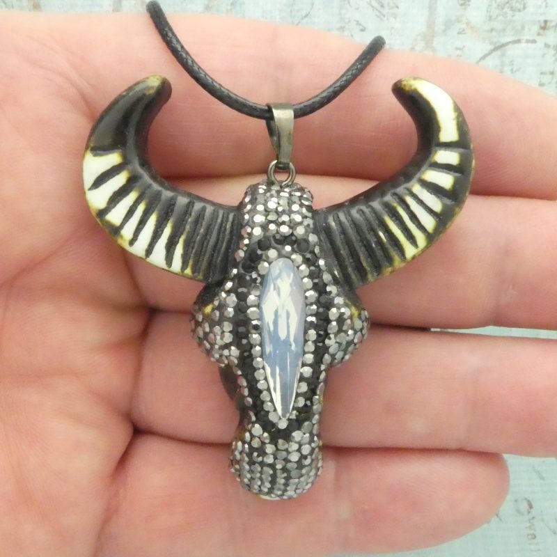 cow skull pendant marcasite and crystal closeup