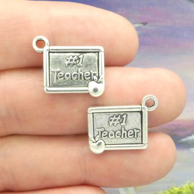 #1 teacher charms bulk in silver pewter front and back