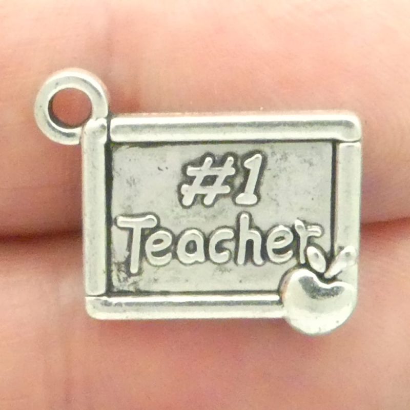 #1 teacher charms bulk in silver pewter closeup