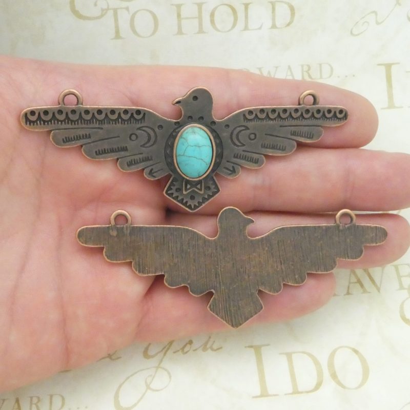 copper turquoise thunderbird pendant in pewter front and back