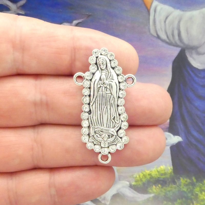 Our Lady of Guadalupe rosary centerpiece in silver