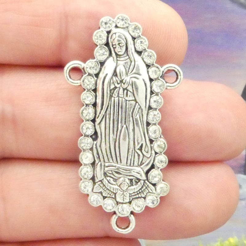 Our Lady of Guadalupe rosary centerpiece in silver closeup