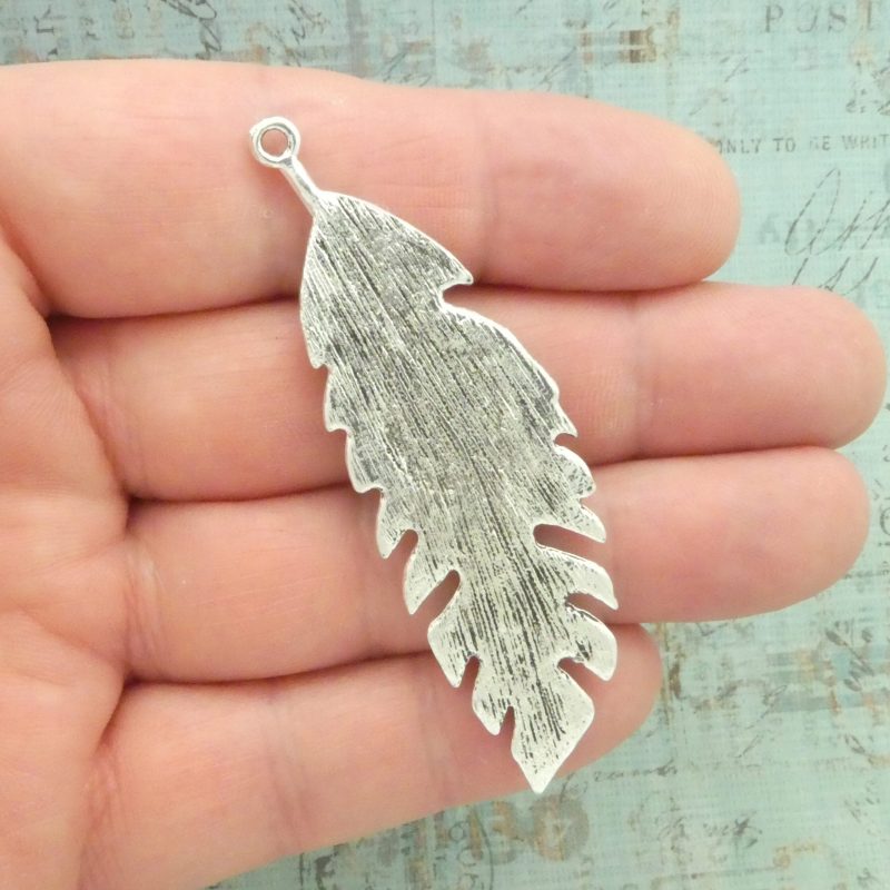 1 Silver Feather Charm Pendant with Turquoise Accent 61x21mm by TIJC SP2092 - Image 4