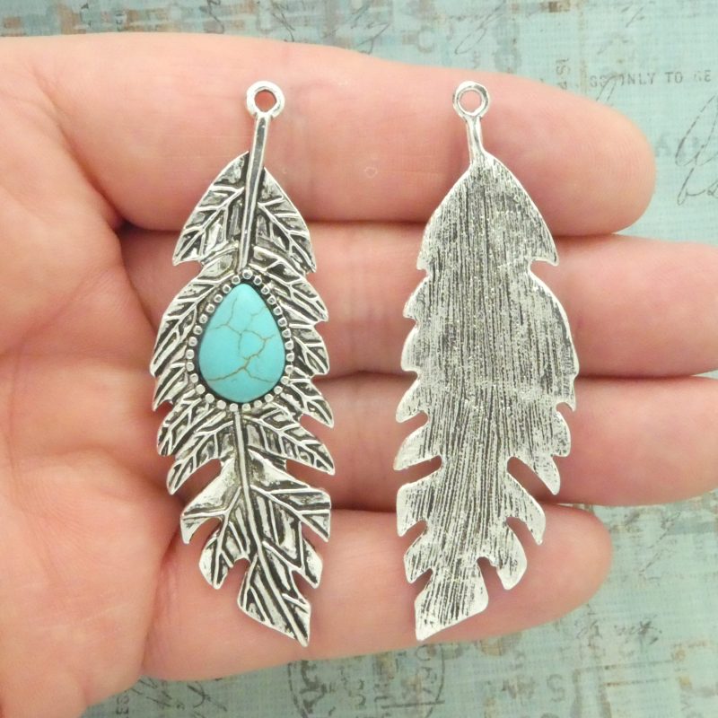 turquoise feather pendants bulk in silver pewter front and back
