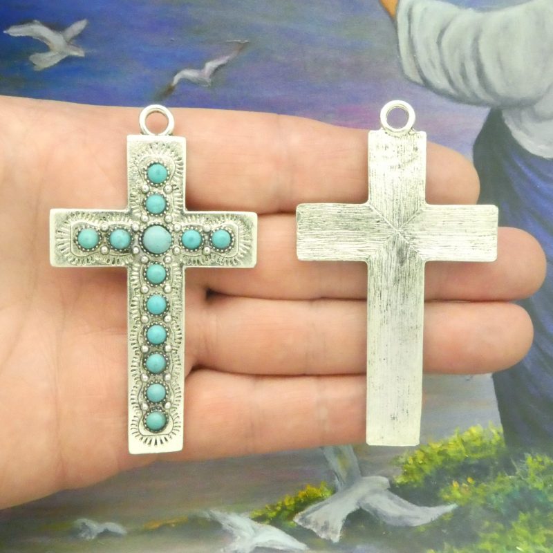 southwest turquoise cross pendants in silver front and back