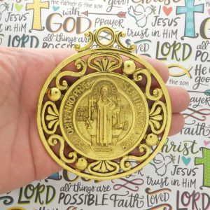 ornate St Benedict medal door ornament in gold pewter