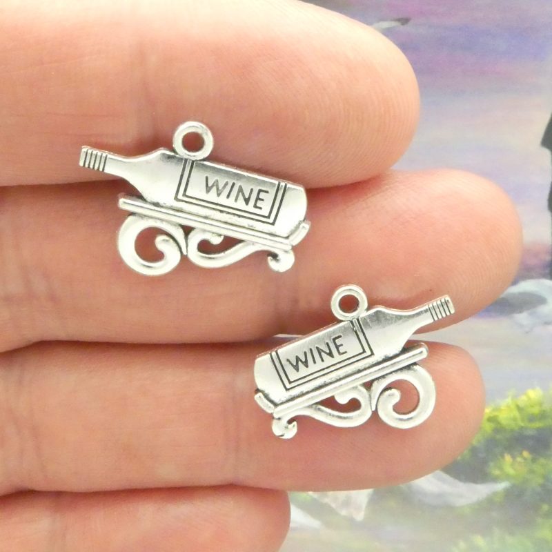 wine bottle charms for jewelry making in silver pewter front and back