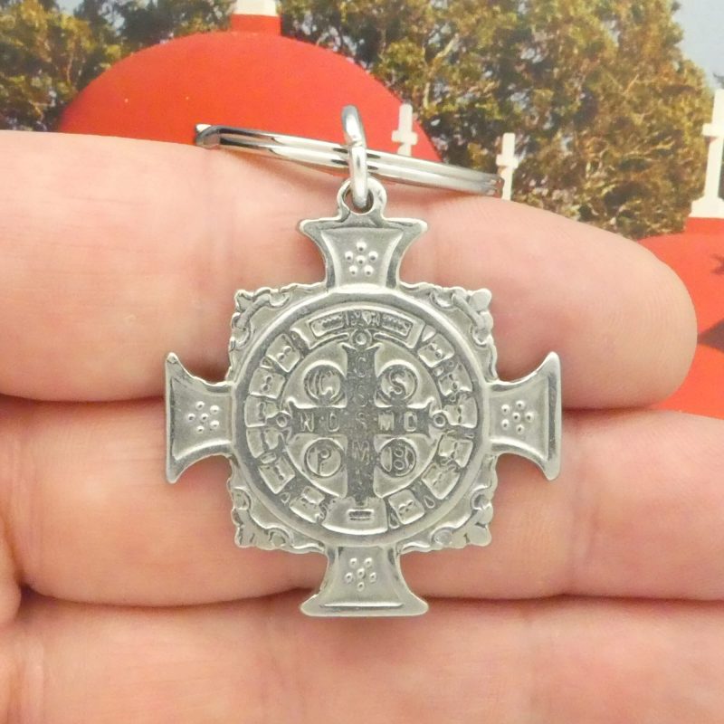 St Benedict medal keychain in stainless steel back tag