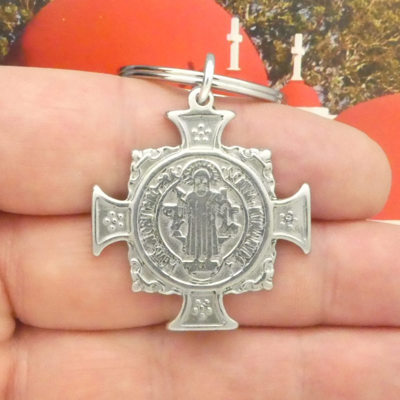 St Benedict medal keychain in stainless steel front tag