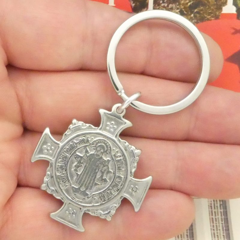 St Benedict medal keychain in stainless steel closeup