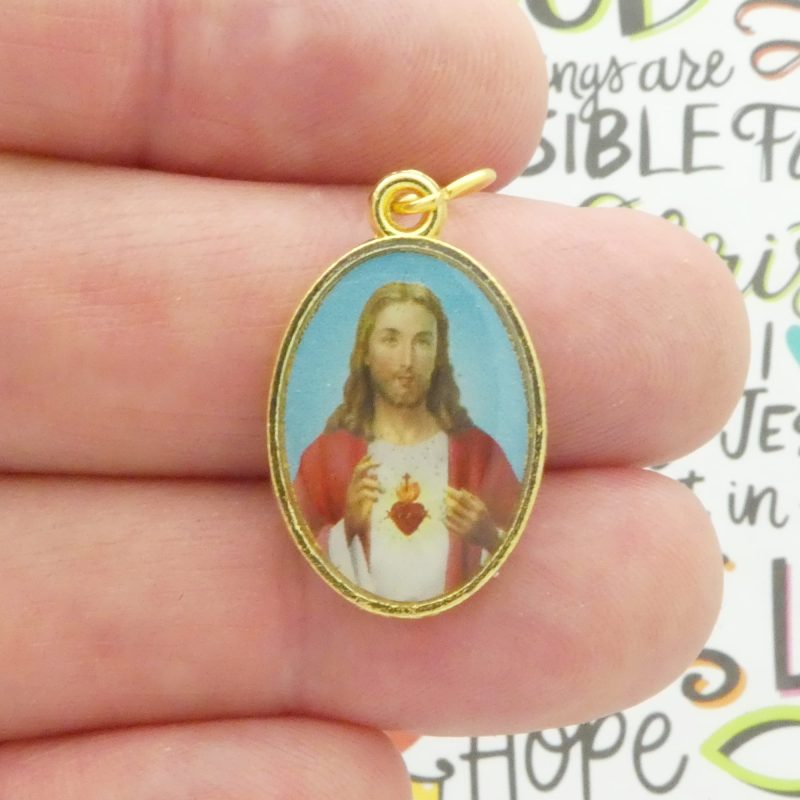 Sacred Heart of Jesus Medal with Chi Rho Alpha and Omega Symbol in gold pewter