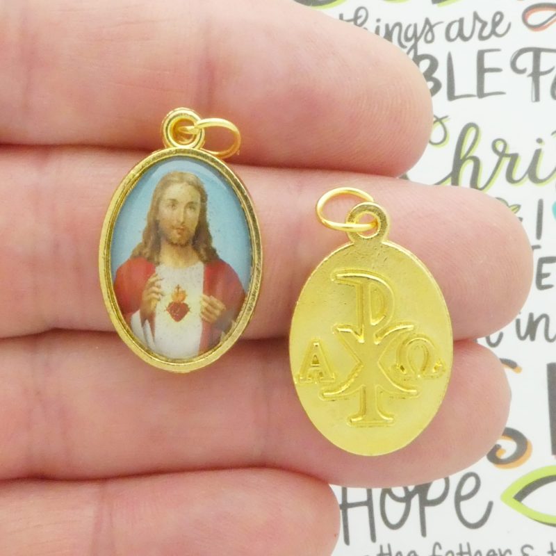 Sacred Heart of Jesus Medal with Chi Rho Alpha and Omega Symbol in gold pewter front and back