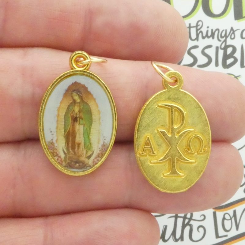 Our Lady of Guadalupe Medals with Chi Rho Alpha and Omega Symbol front and back