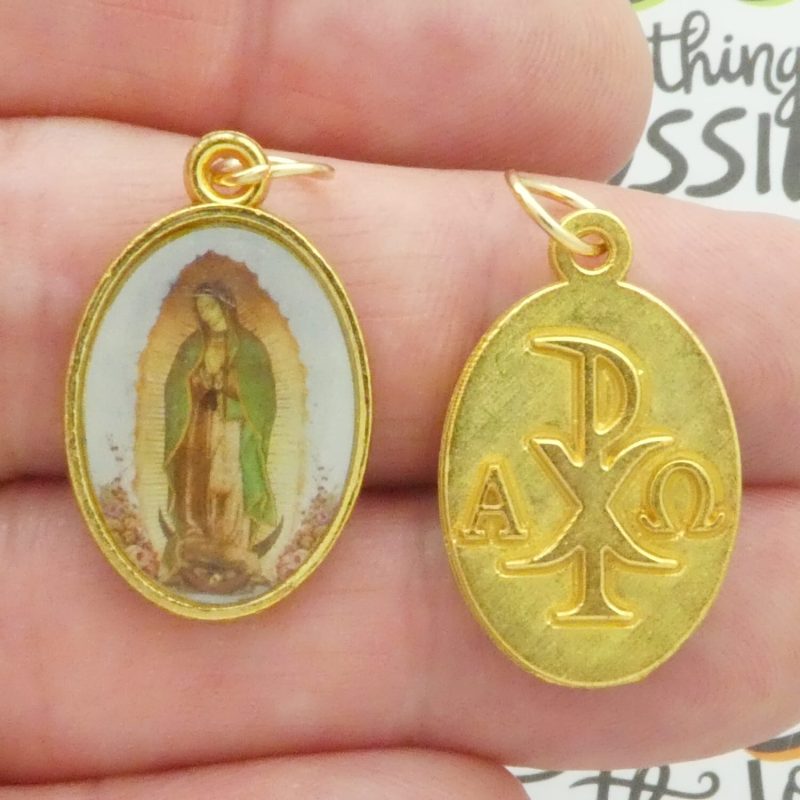 Our Lady of Guadalupe Medals with Chi Rho Alpha and Omega Symbol front and back closeup