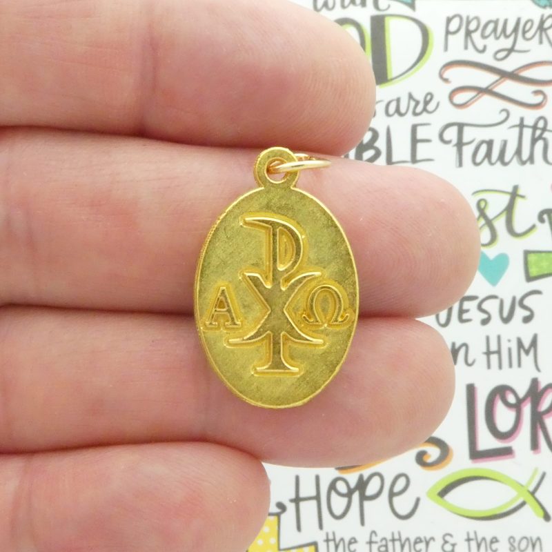 Chi Rho Alpha and Omega Symbol in Gold Pewter