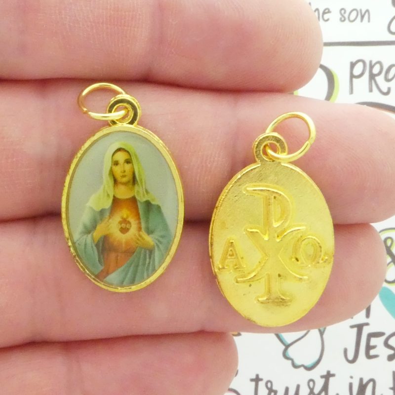 Immaculate Heart of Mary Medal with Chi Rho Alpha and Omega Symbol in Gold Pewter front and back