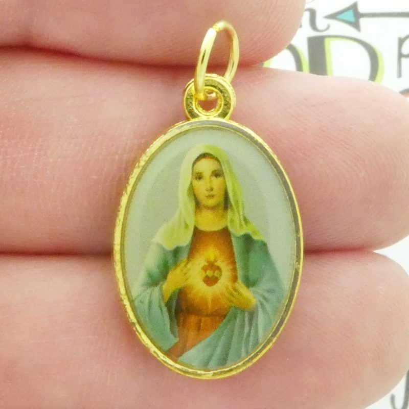 Immaculate Heart of Mary Medal with Chi Rho Alpha and Omega Symbol in Gold Pewter closeup