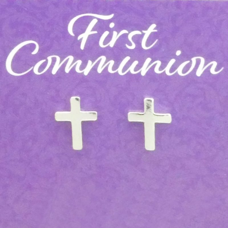 tiny silver cross earrings closeup