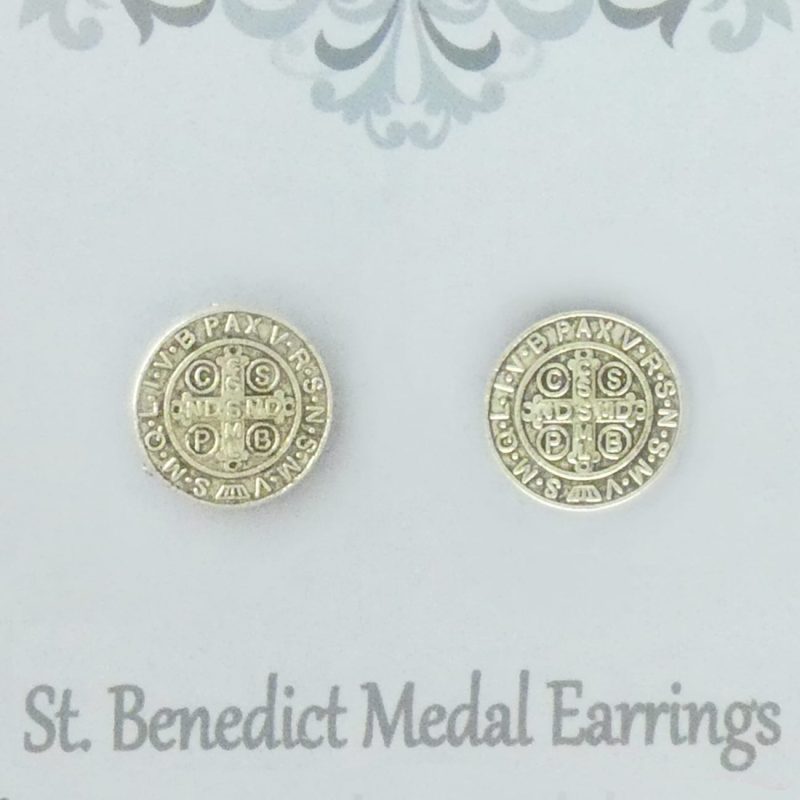 silver st benedict medal earrings closeup