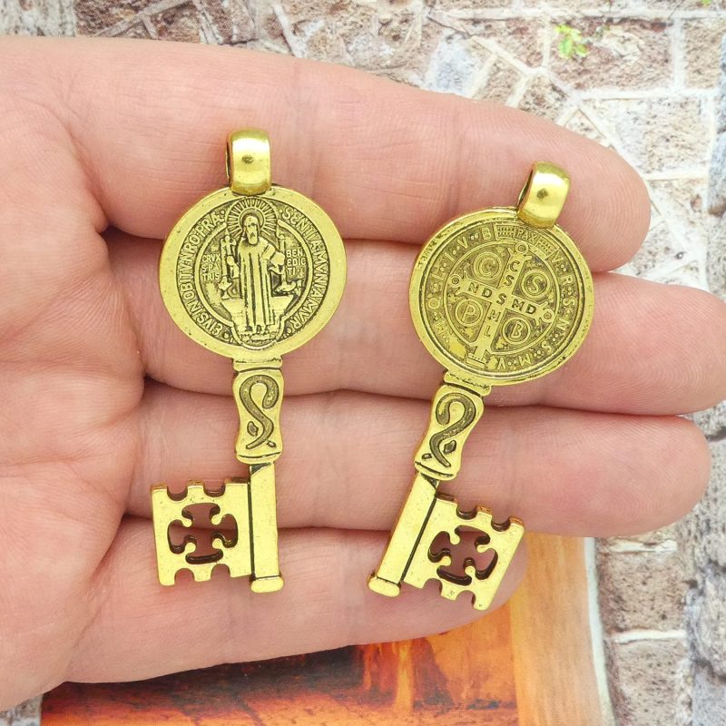 St Benedict key pendants bulk in gold pewter front and back