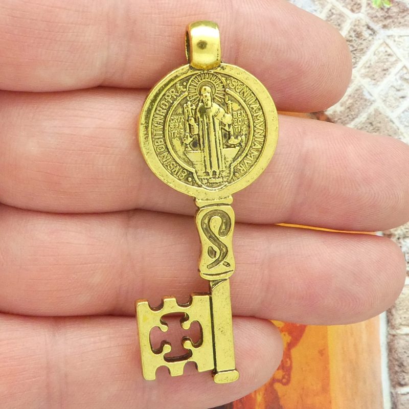 St Benedict key pendants bulk in gold pewter closeup