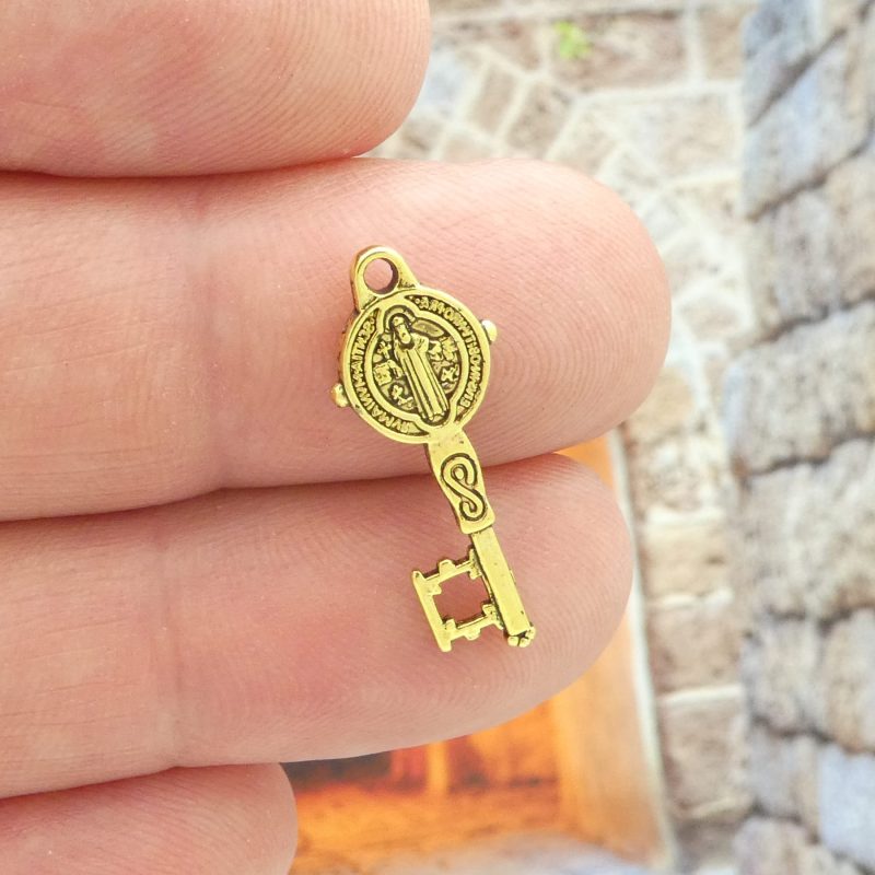 small St Benedict key medals in gold pewter front