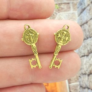 small St Benedict key medals in gold pewter