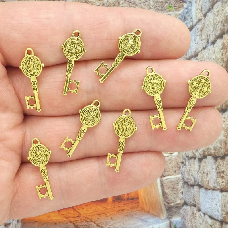 small St Benedict key medals in gold pewter multi