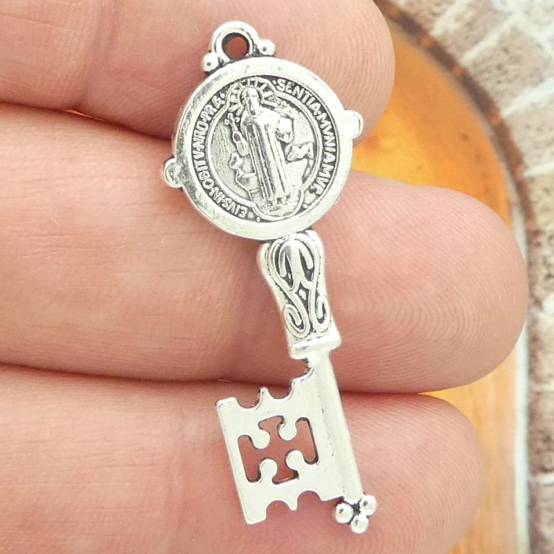 St Benedict key charms bulk in silver pewter closeup