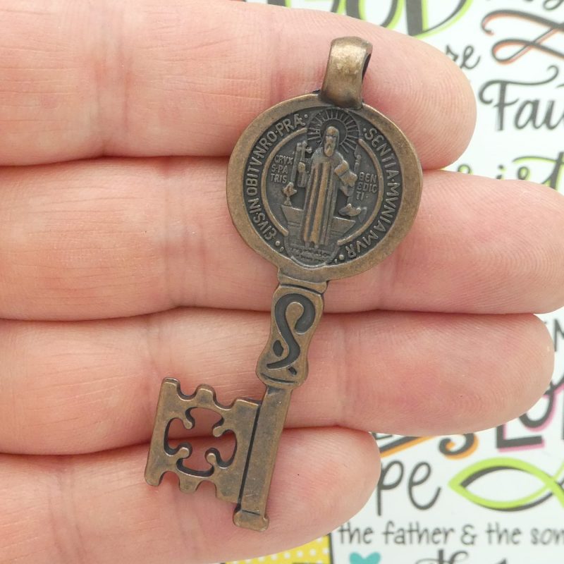 St Benedict key medals bulk in copper pewter closeup