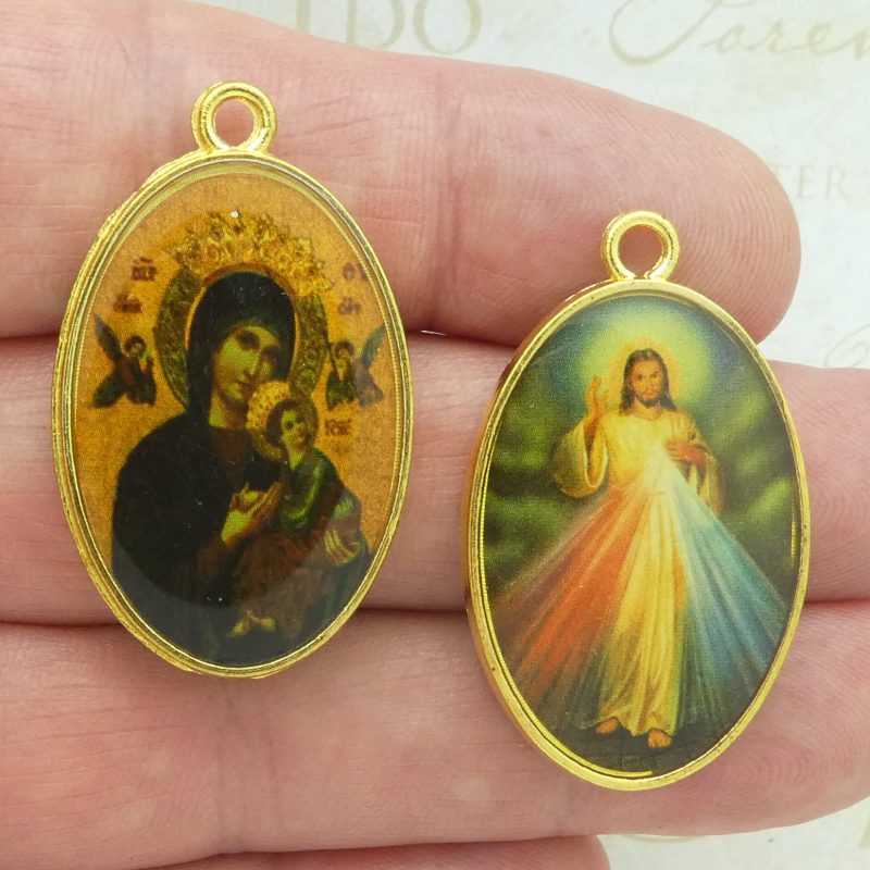 Our Lady of Perpetual Help Pendants and Sacred Heart of Jesus Pendant closeup