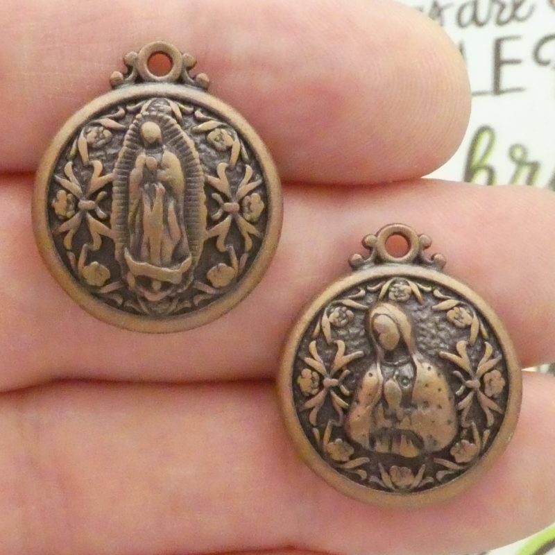 our lady of guadalupe pendants bulk in copper pewter front and back closeup