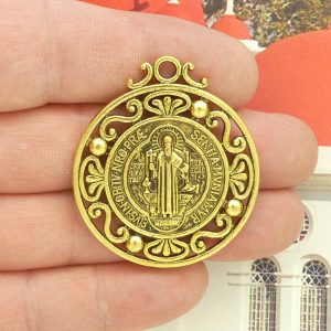 ornate st benedict medallion for sale in gold pewter