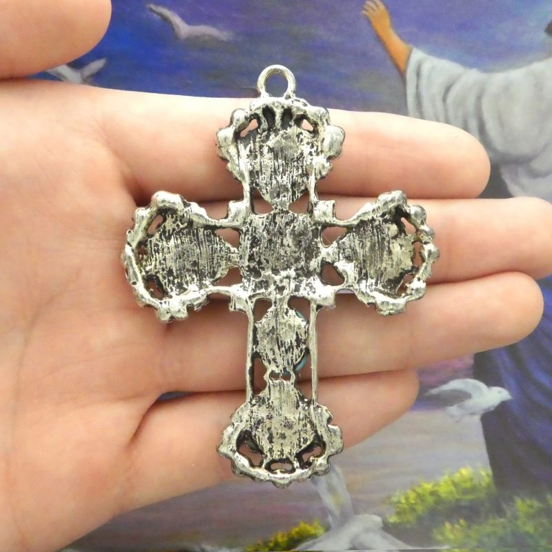 1 Turquoise Cross Pendant in Silver Pewter with Crystal by TIJC SP2176 - Image 3