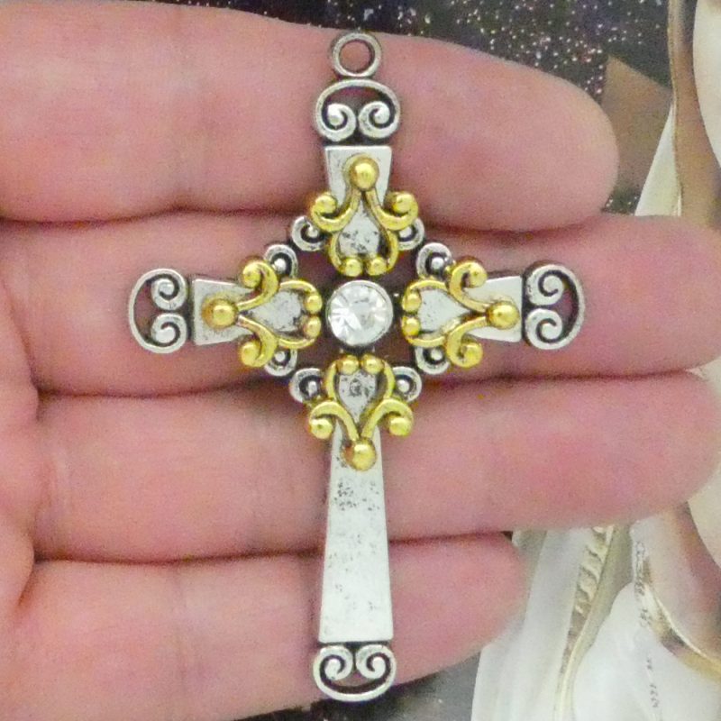 two tone cross pendant with crystal