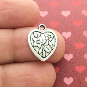 Silver Heart Flower Charm