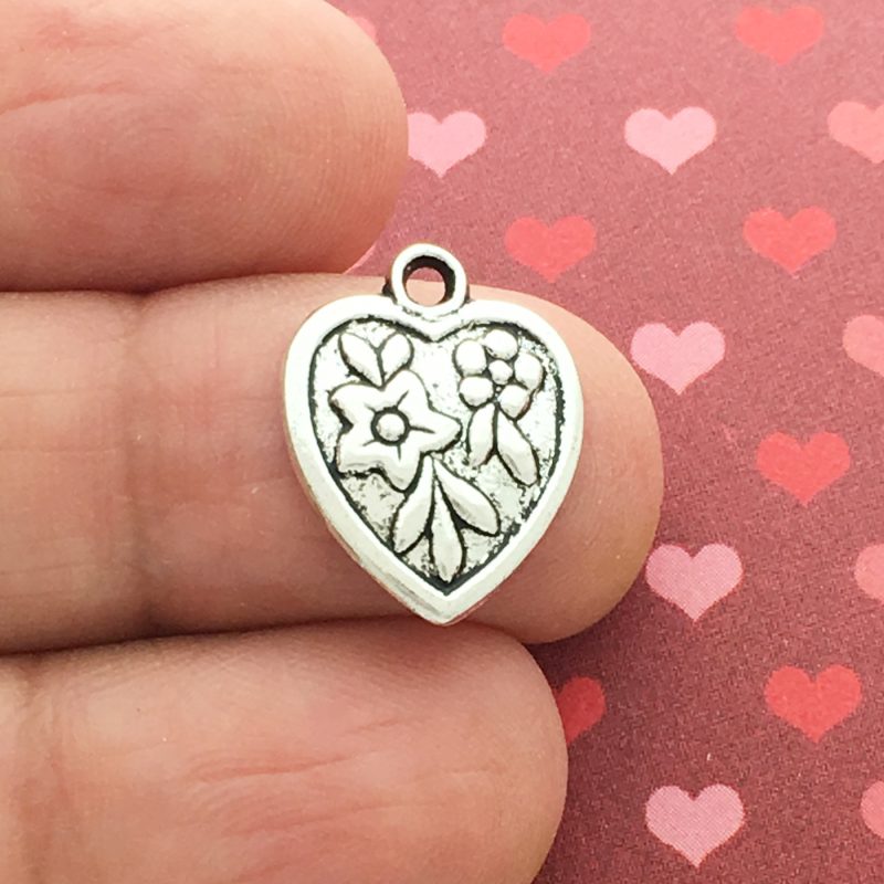 Silver Heart Flower Charm