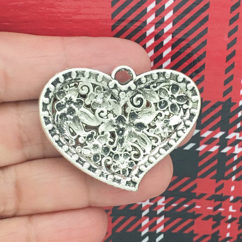 BULK 6 Silver Flower Heart Charm by TIJC SP0805B - Image 2