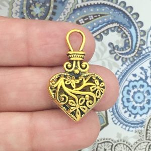 2 Filigree Heart Charm Pendant Gold by TIJC SP1520