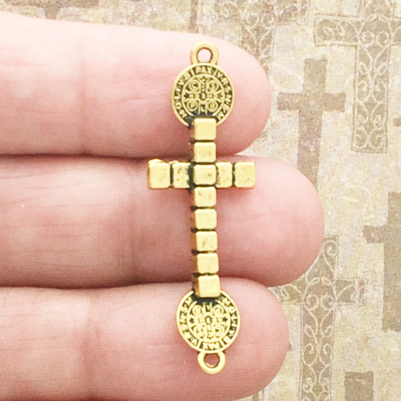 3 Gold St Benedict Medal Cross Charm Bracelet Connector by TIJC SP1636 - Image 3