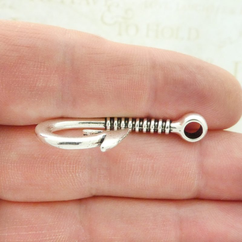 BULK 9 Silver Fish Hook Charm Fishing Pendant 39x19x7mm by TIJC SP1910B - Image 6