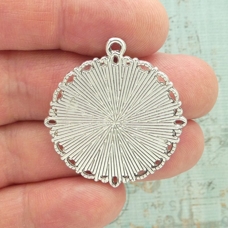 3 Round Silver Photo Charm Bezel Blank with Ornate Accents for Photo Jewelry Making 37x34mm by TIJC SP0834 - Image 4